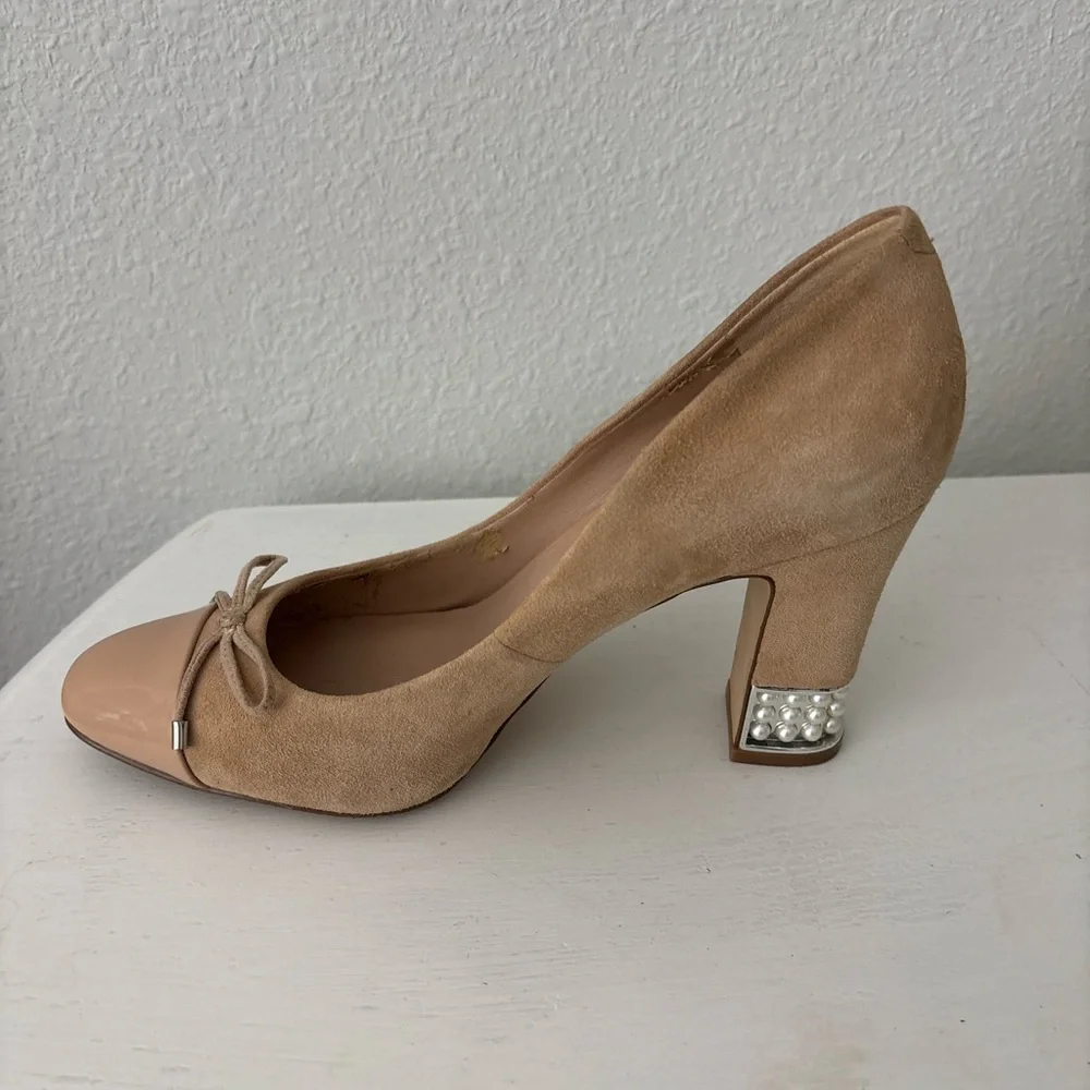 Karl Lagerfeld Naves Cap Round Toe Bow Block Heel Pearls Suede Nude Pumps